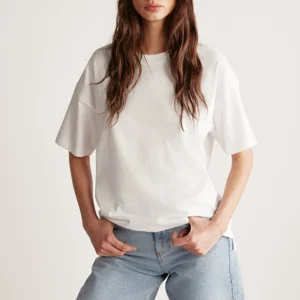 0 Organik Pamuk Relaxed Fit Yırtmaçlı Yuvarlak Yakalı Beyaz T-shirt